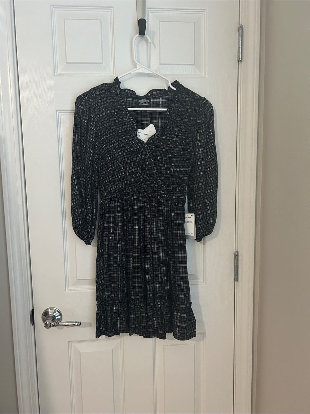 Black Plaid Smocked Waist Dress